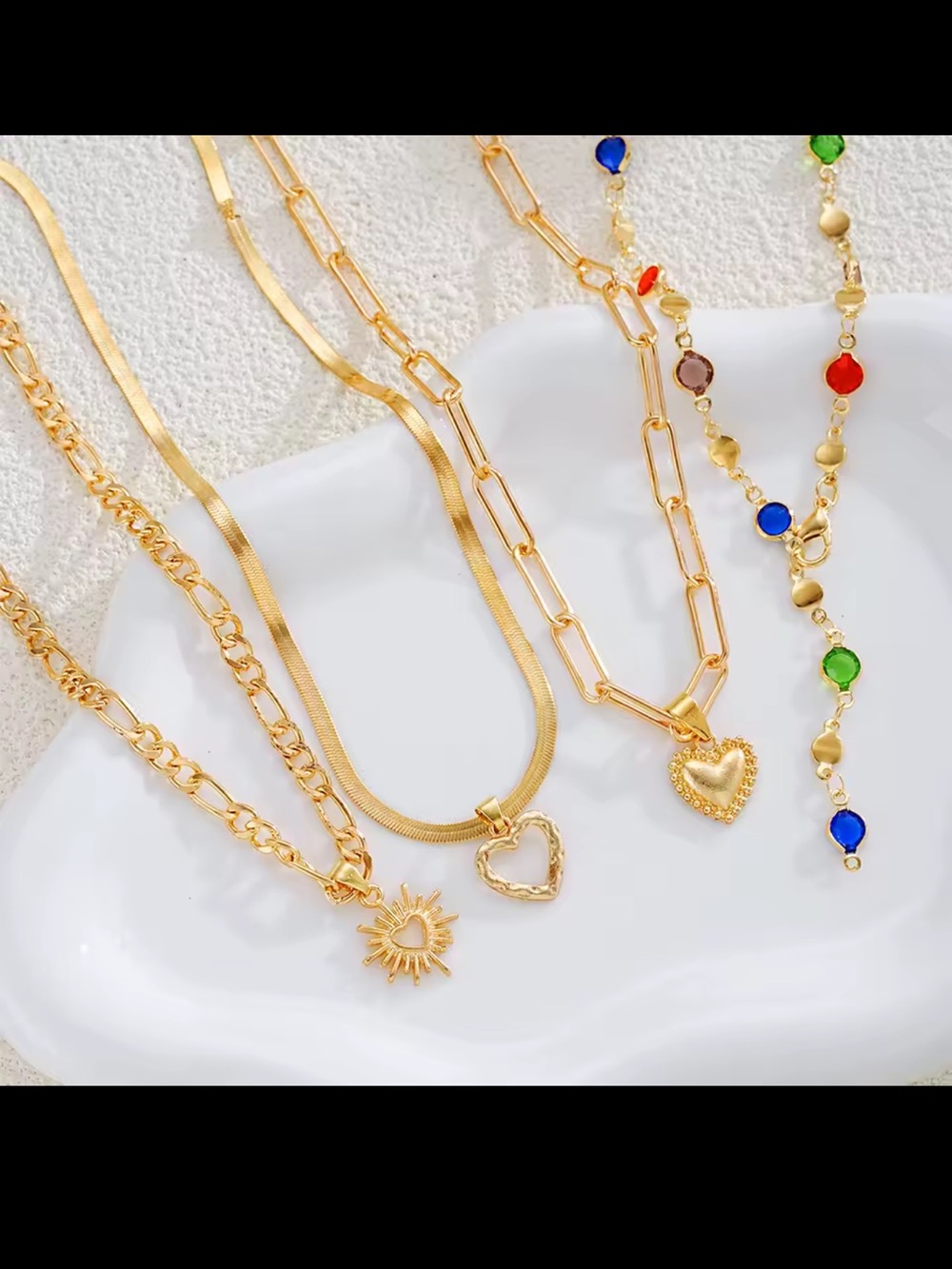 Gold Layered Heart & Sun Necklace with Multicolor Stones - Picture 3 of 10